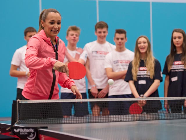 Jessica Ennis-Hill plays table tennis at the Sky Academy Conference Day in Sheffield, an event aimed at involving more youngsters in sport