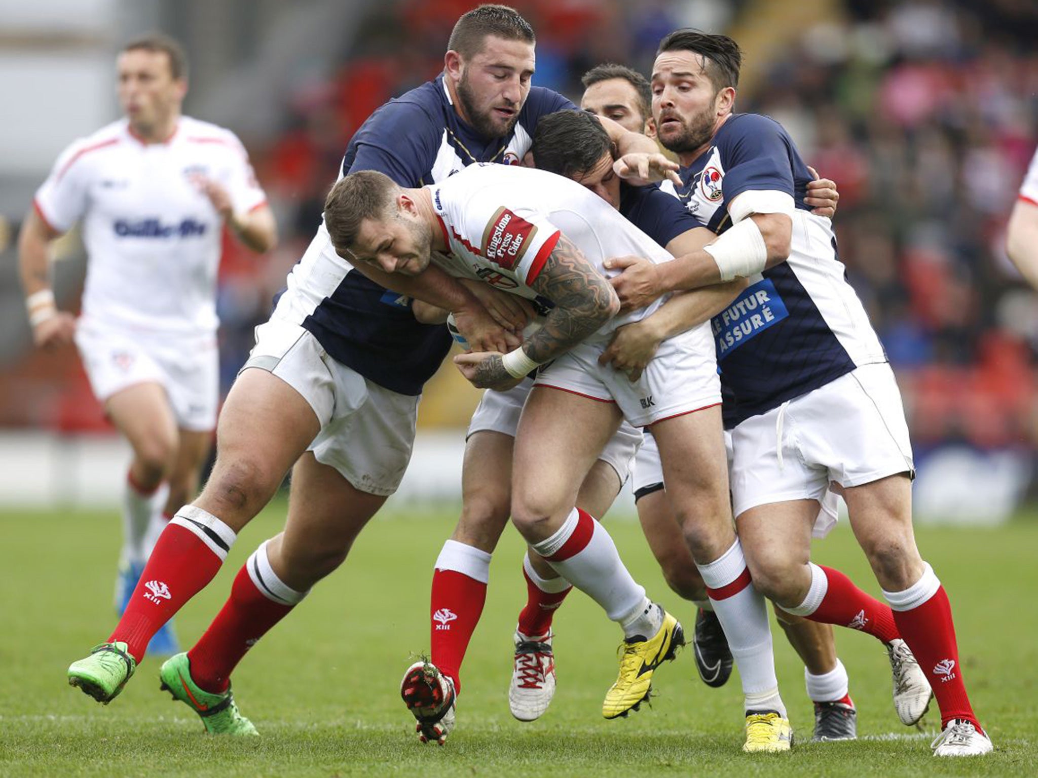 Zak Hardaker takes on the French defence during England’s 84-4 victory at Leigh last Saturday