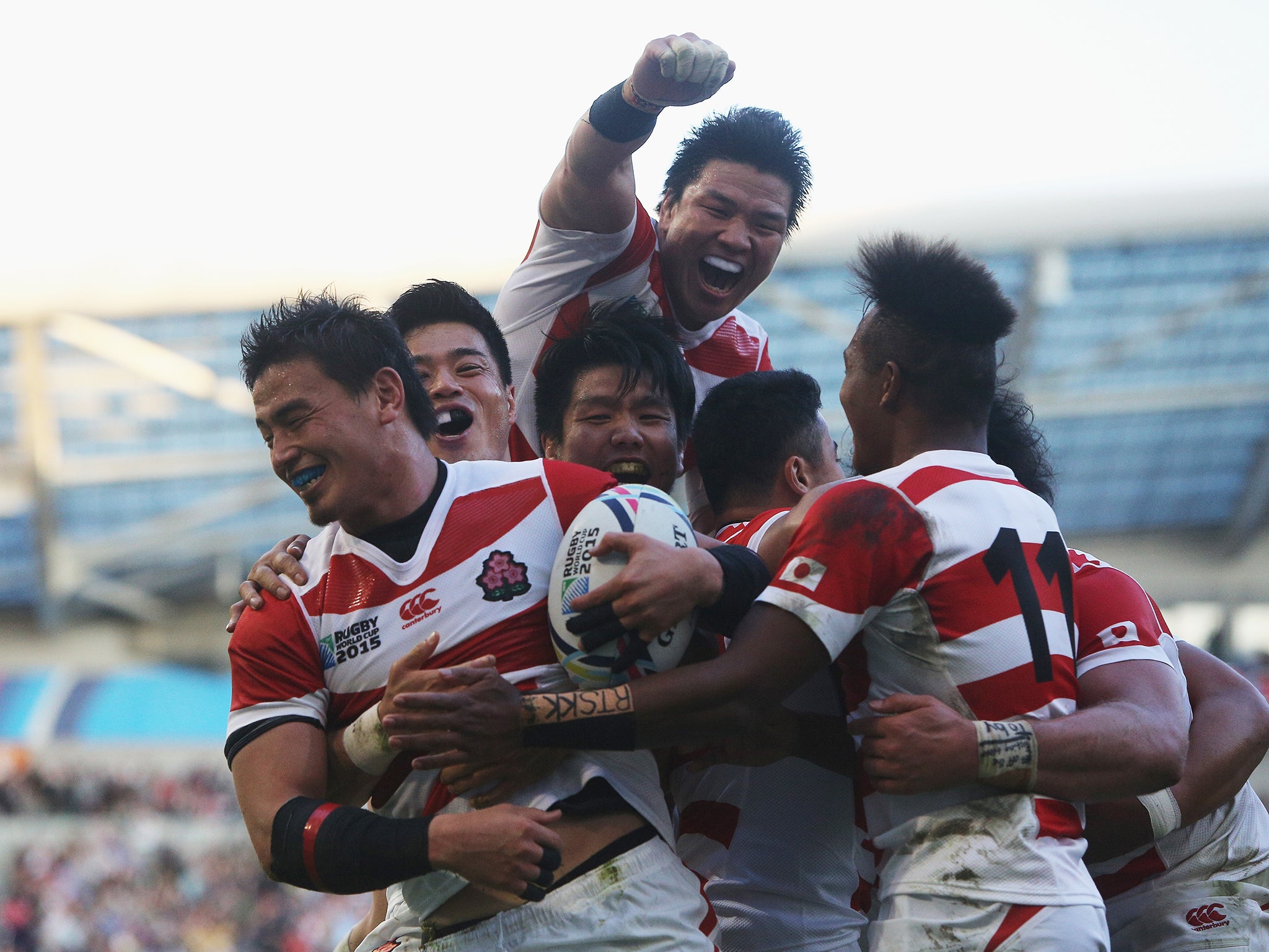 Japan's Ayumu Goromaru celebrates scoring the second try during the 2015 Rugby World Cup Pool B match against between South Africa