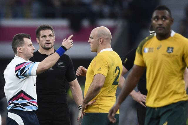 Referee Nigel Owens lays down the law during the World Cup final