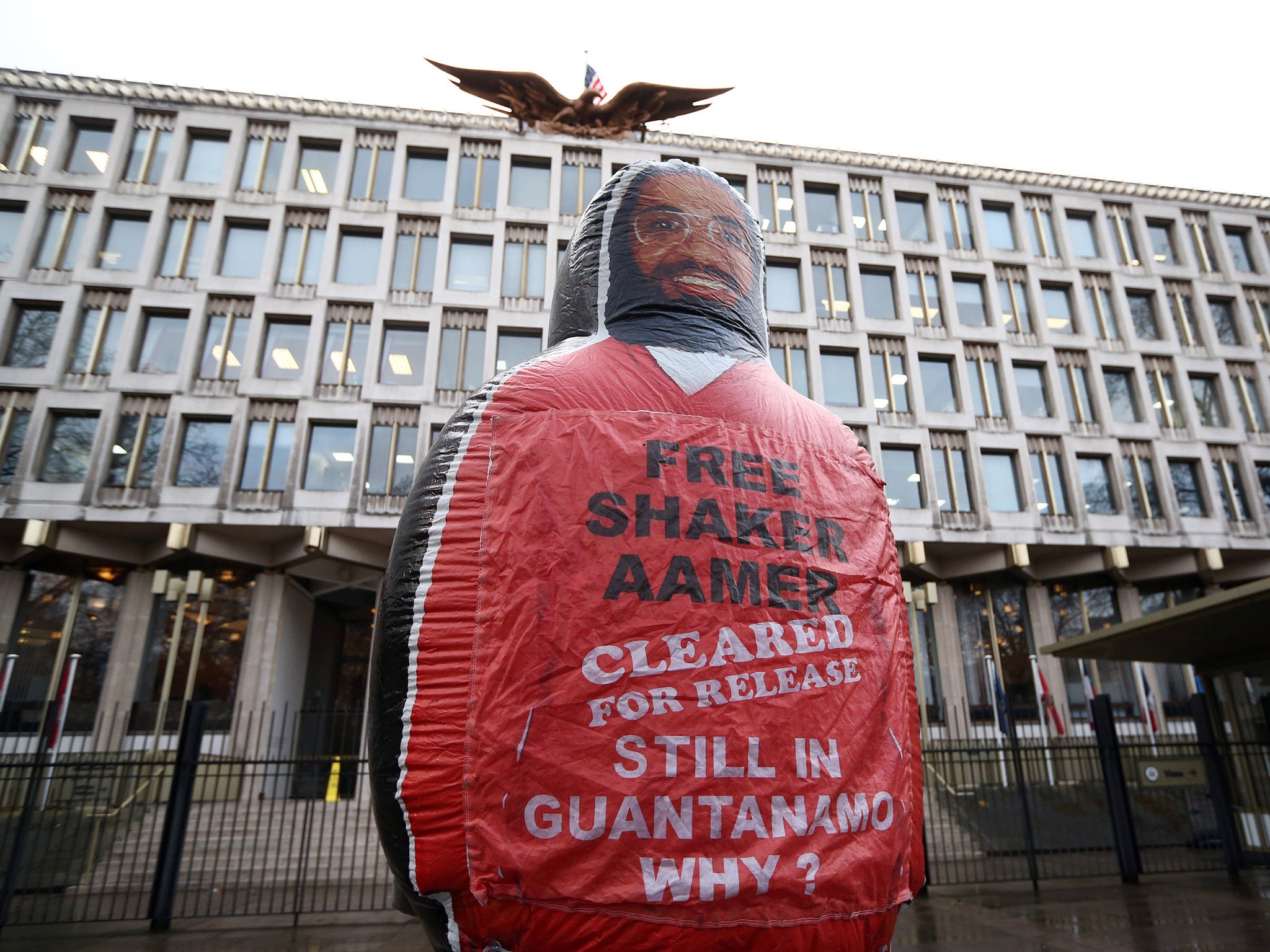 A giant inflatable figure of Shaker Aamer, the last Briton to be detained in Guantanamo Bay, is pictured during a protest by the We Stand With Shaker campaign group outside the U.S embassy in London, England.