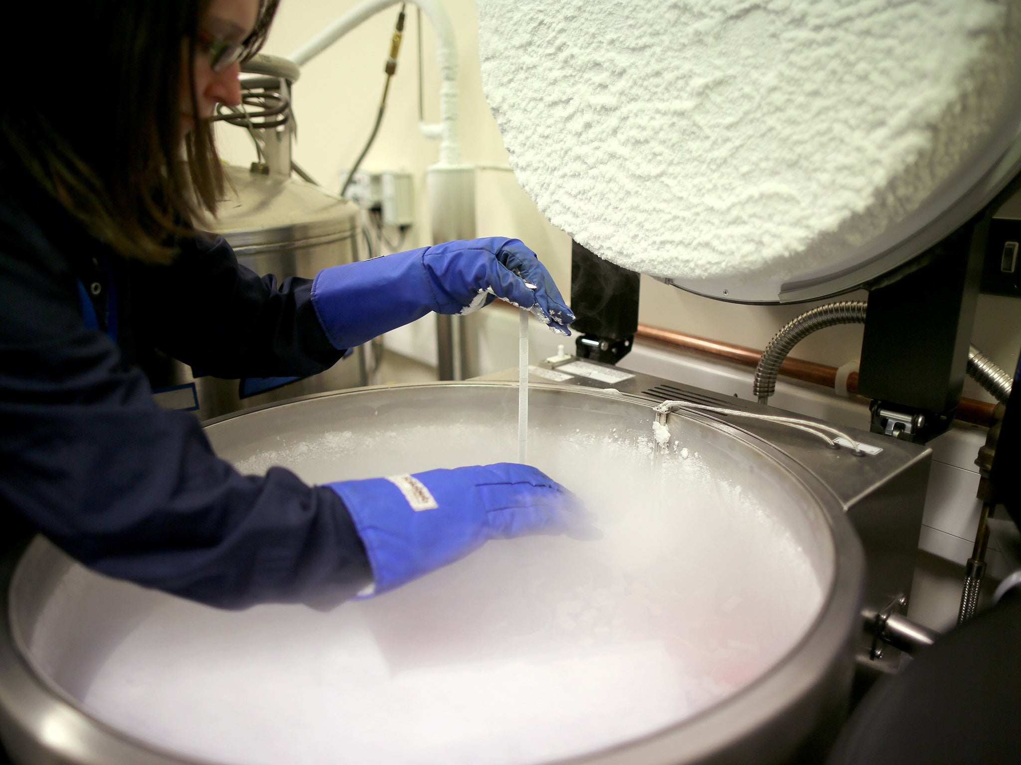 Sperm and embryo samples in the cryo store at Birmingham Women's Hospital fertility clinic