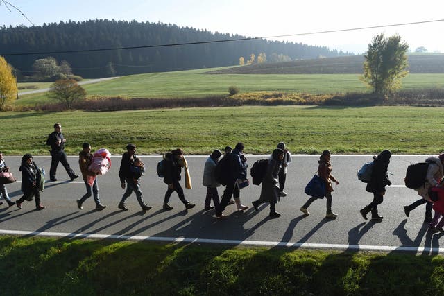 Migrants walk on the road after crossing the Austrian-German border in southern Germany on 30 October 