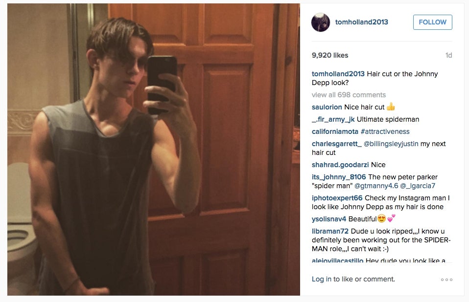 Tom Holland styling a Ultimate Peter Parker hair cut in an Instagram post