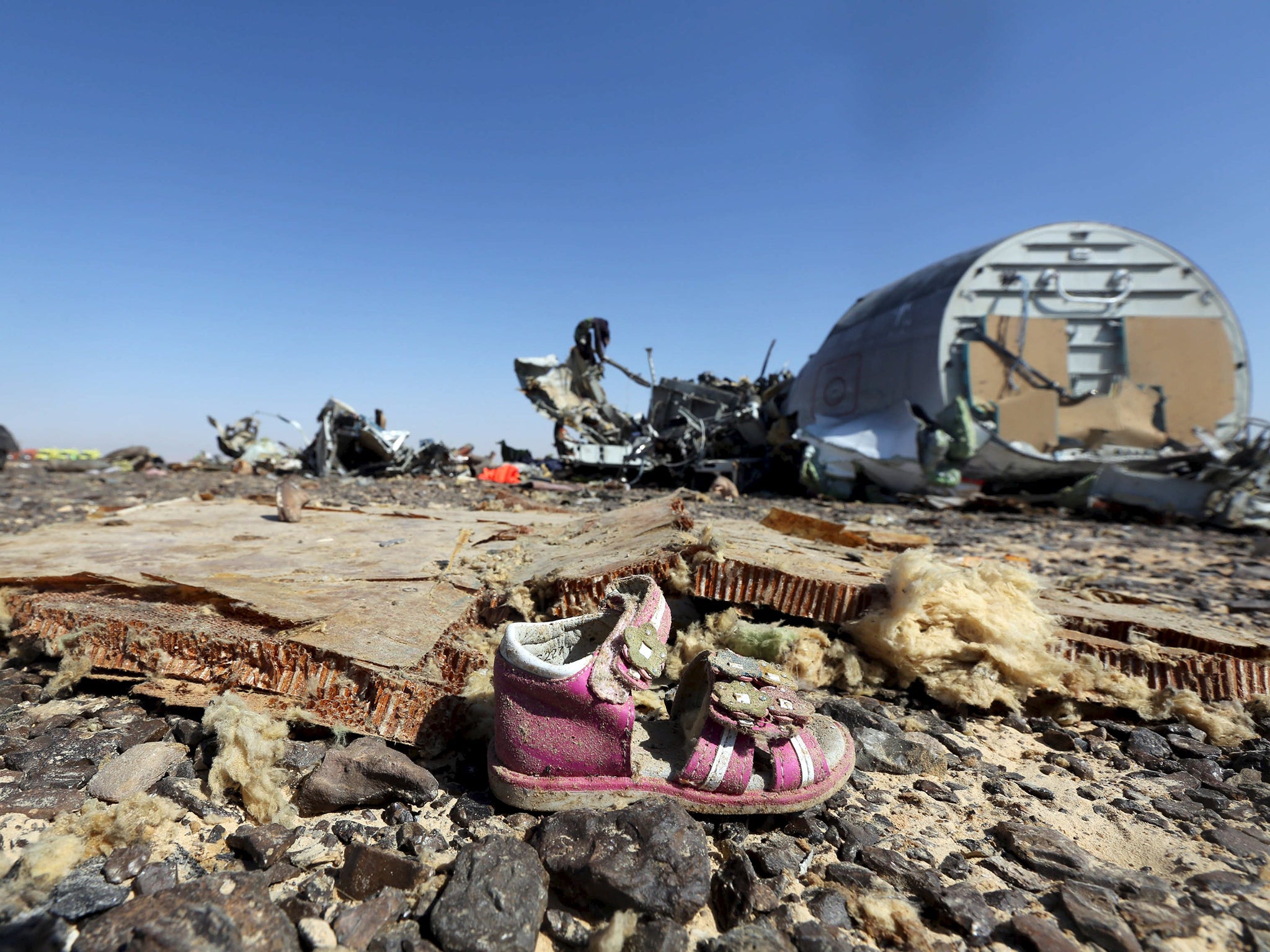 A child's shoe is seen in front of debris from a Russian airliner which crashed at the Hassana area in Arish city, north Egypt. Russia has grounded Airbus A321 jets flown by the Kogalymavia airline, Interfax news agency reported , after one of its fleet crashed in Egypt's Sinai Peninsula, killing all 224 people on board