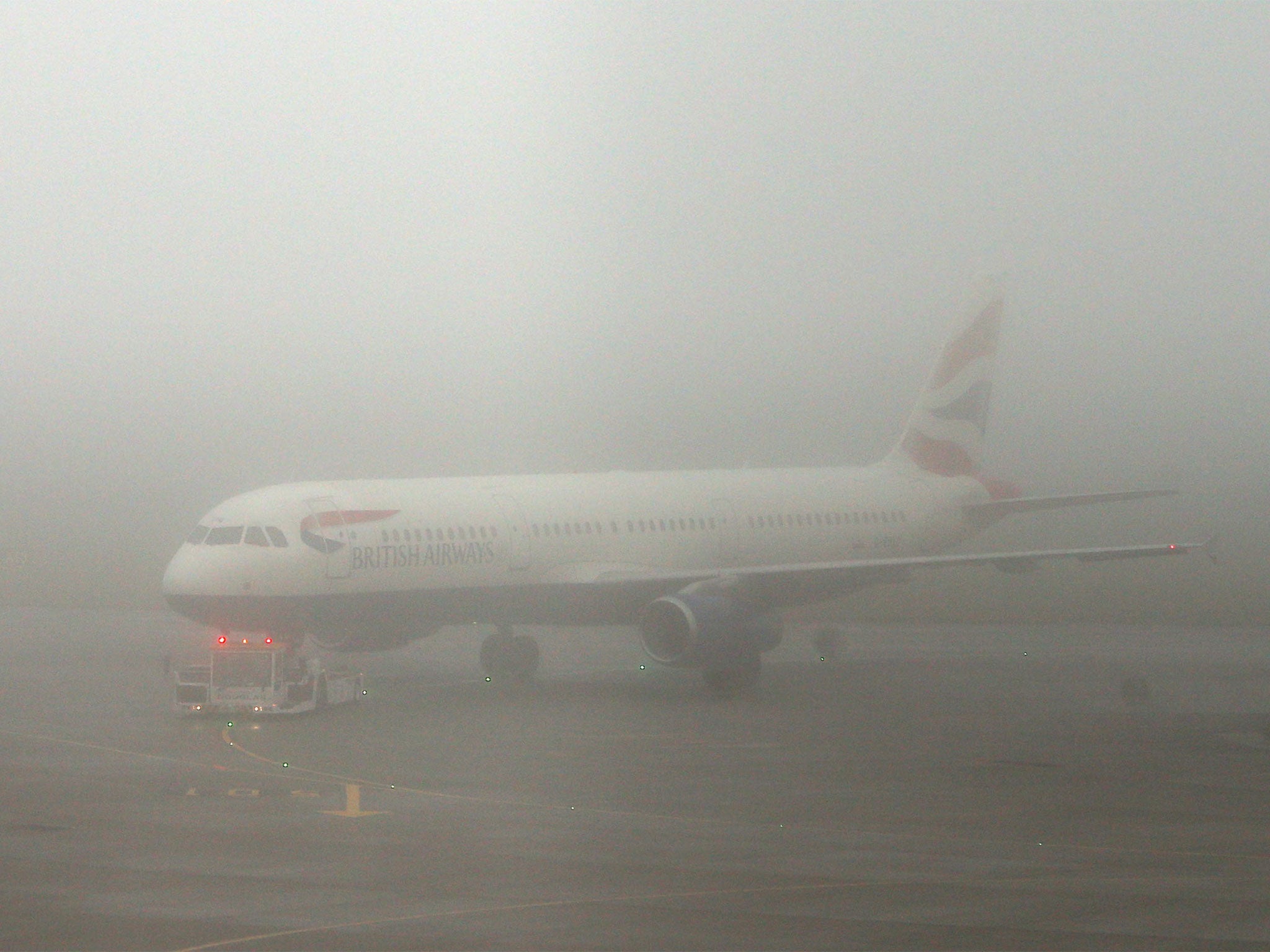 The fog caused havoc at Heathrow yesterday, grounding more than 100 flights