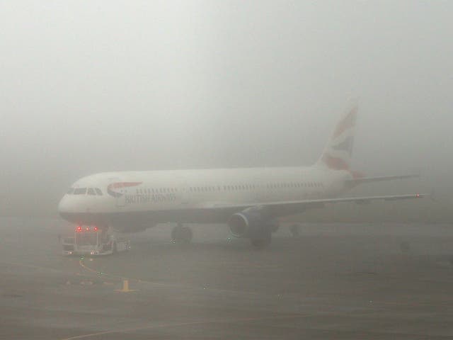 The fog caused havoc at Heathrow yesterday, grounding more than 100 flights