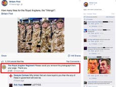 Read more

Britain First asked to remove image of British soldiers from Facebook