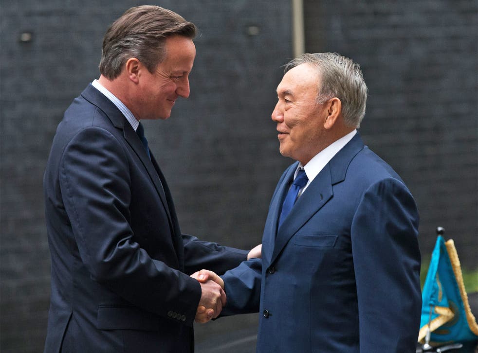 David Cameron greets Nursultan Nazarbayev at Downing Street on Tuesday