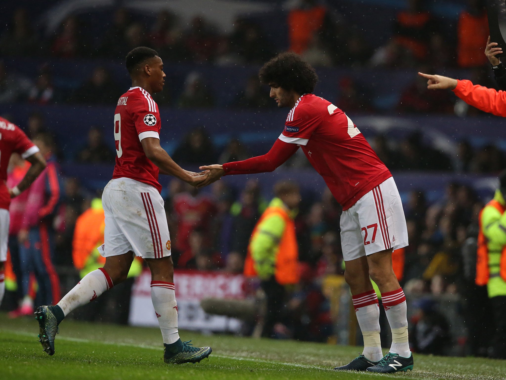 Manchester United forward Anthony Martial is replaced by Marouane Fellaini during the victory over CSKA Moscow