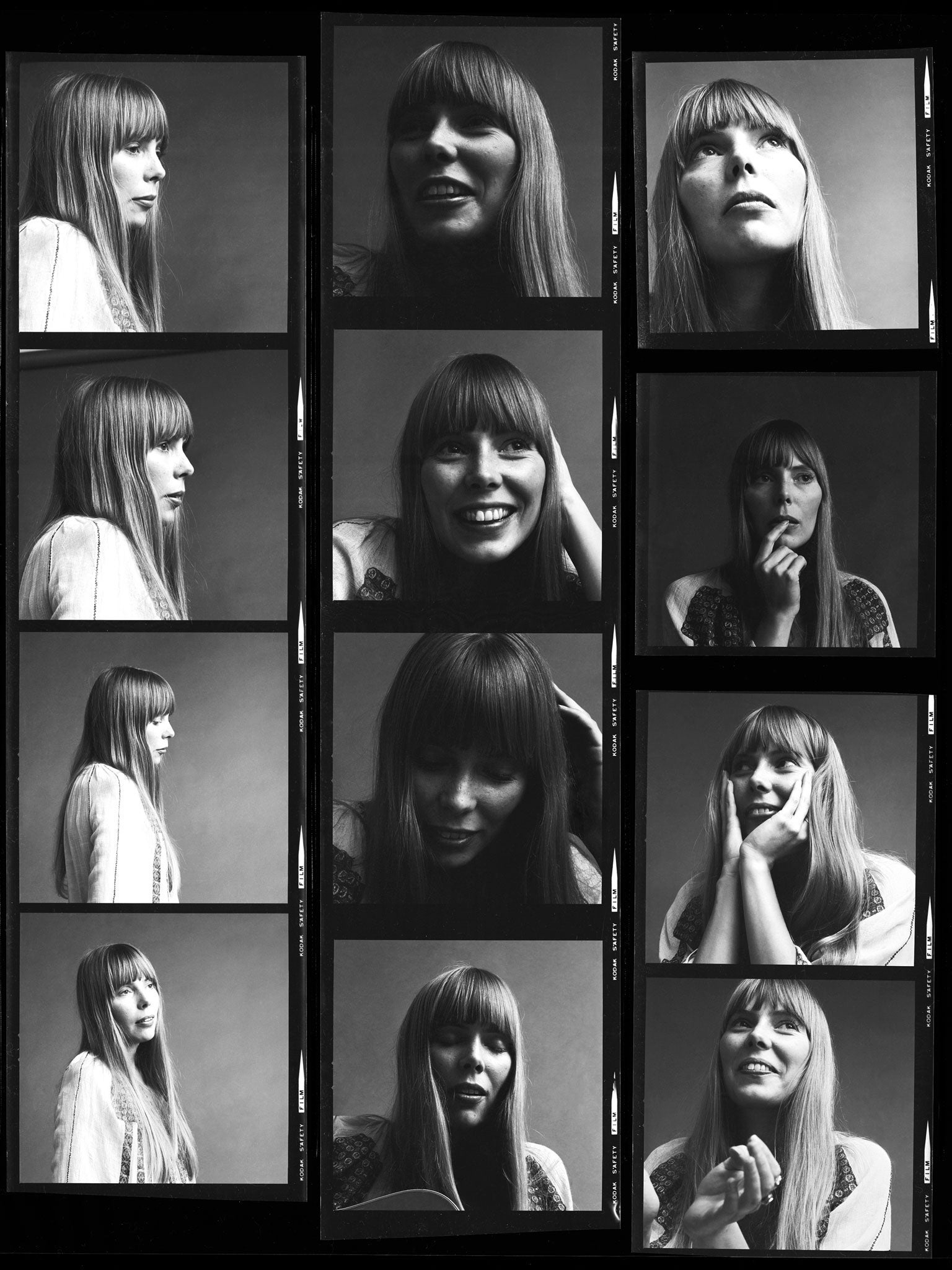 A contact sheet of photographs of Joni Mitchell from 1968, the year she released her first album