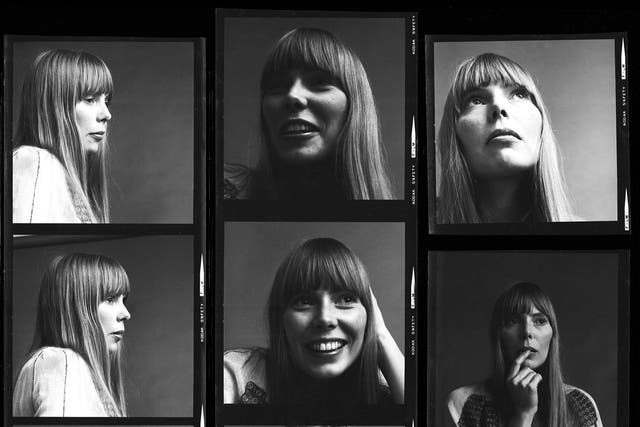 A contact sheet of photographs of Joni Mitchell from 1968, the year she released her first album