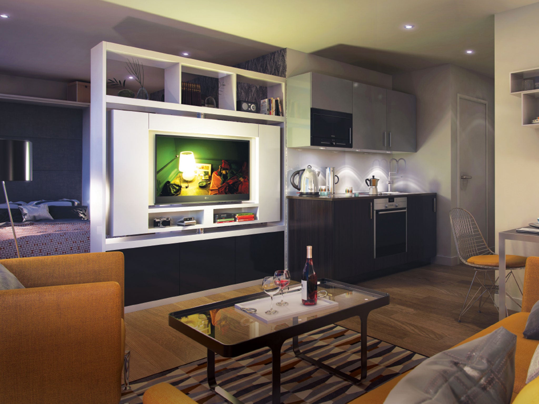 To maximise space Galliard Homes have designed swivel television units and shelving which cleverly divide the open-plan living and sleeping areas in all the studio apartments and some of the one bedroom apartments.