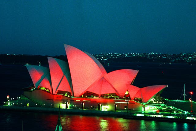 The Sydney Opera House, lit red, in 1999
