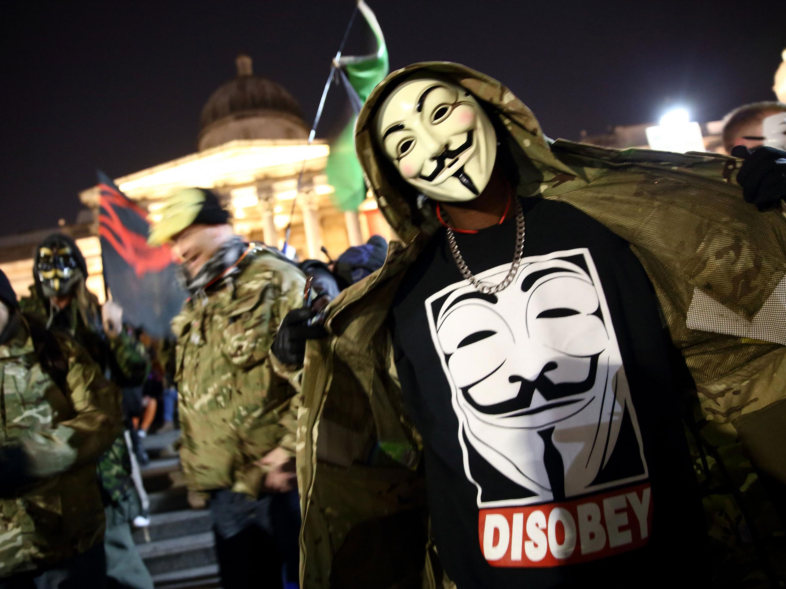 Protestors at the Million Mask March in London on November 5 last year