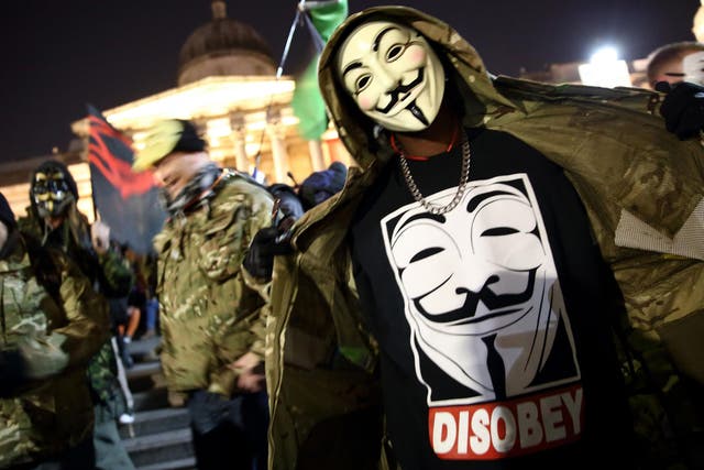 Protestors at the Million Mask March in London on November 5 last year
