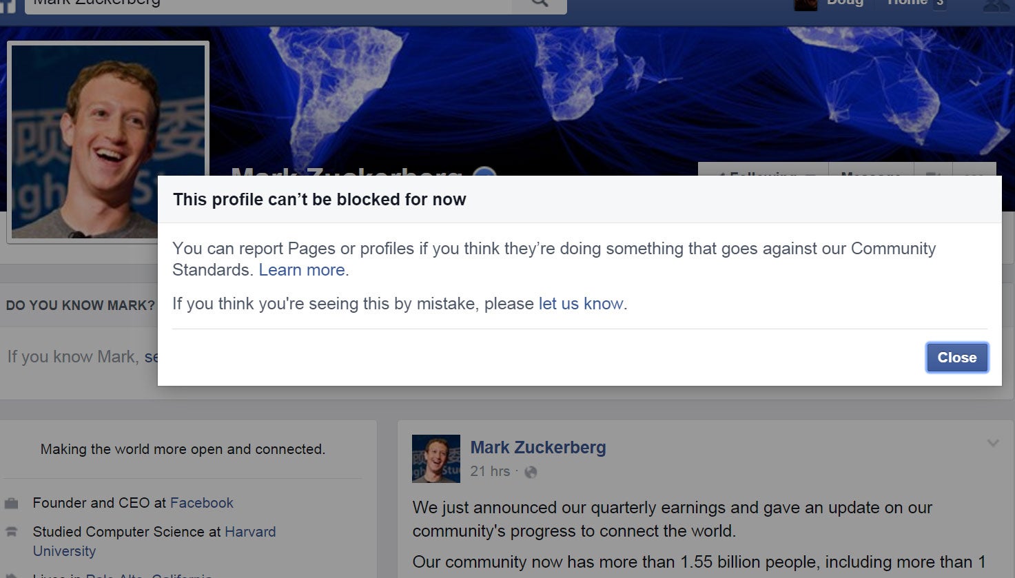 This is what happens when you try to block Mark Zuckerberg