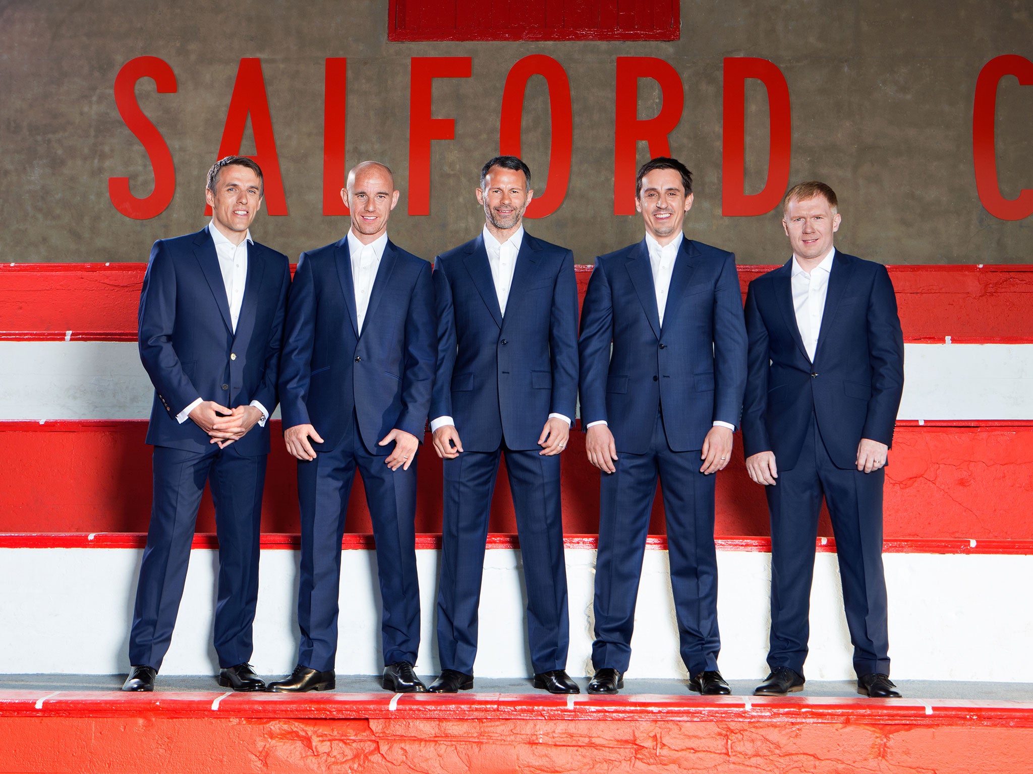 Five in the middle: Phil Neville, Nicky Butt, Ryan Giggs, Gary Neville and Paul Scholes of Manchester United’s ‘Class of 92’ – now the owners of Salford City FC