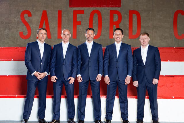 Five in the middle: Phil Neville, Nicky Butt, Ryan Giggs, Gary Neville and Paul Scholes of Manchester United’s ‘Class of 92’ – now the owners of Salford City FC