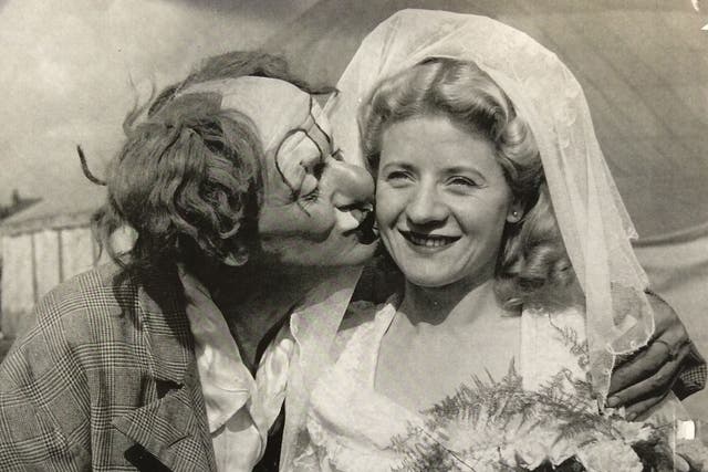 Kerr on her wedding day with her father Nicolai Poliakoff, aka Coco the Clown