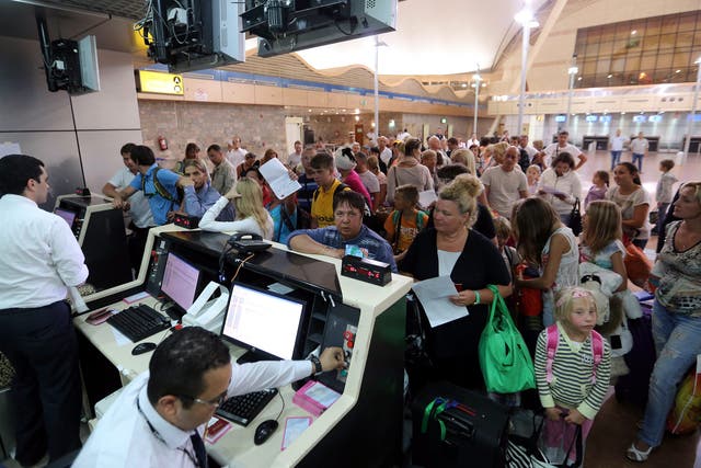 Russian tourists, leave at the Sham el-Sheikh airport in Sharm el- Sheikh, Egypt