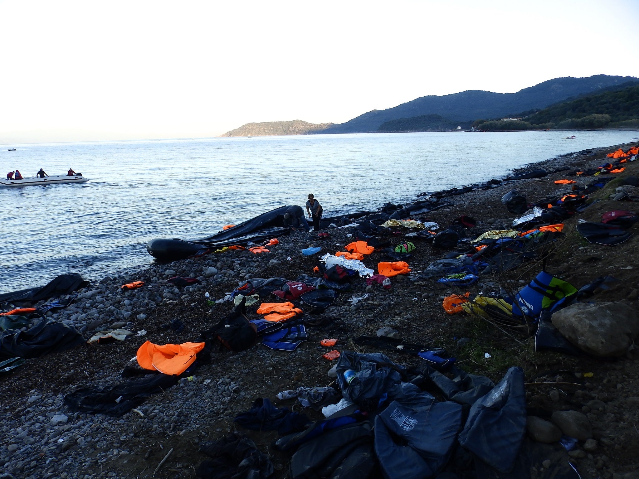 The aftermath of a refugee boat landing on a beach near Molyvos, Lesbos, on 4 November.