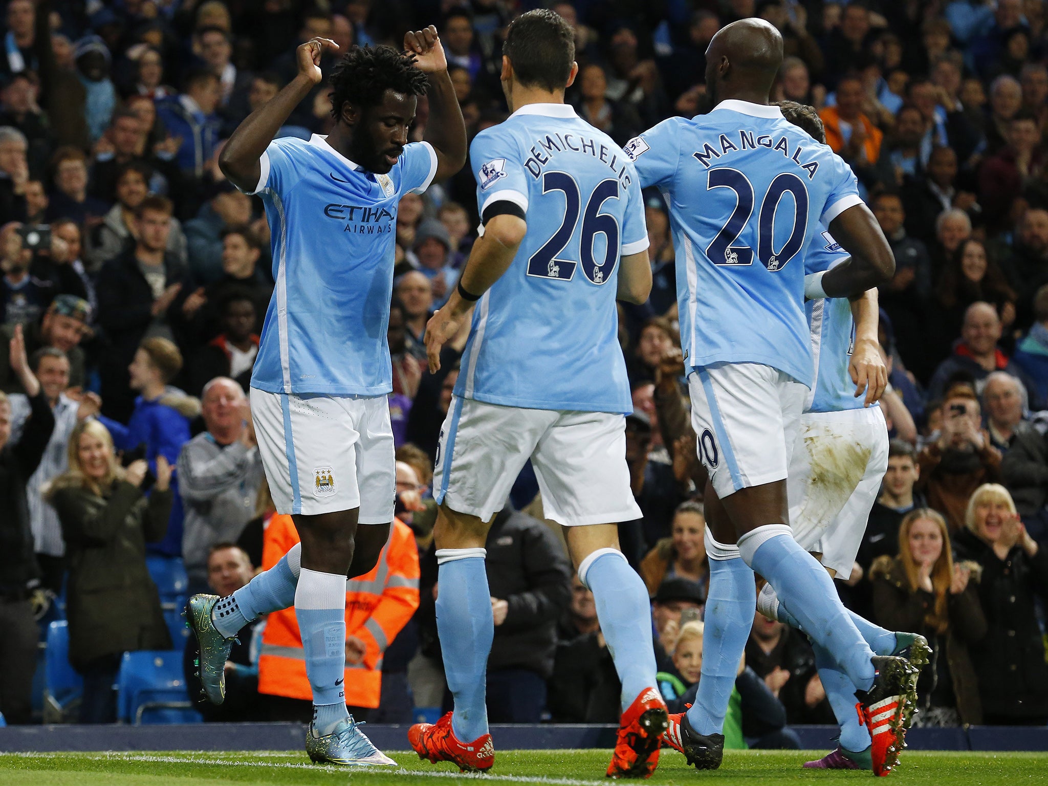 Bony celebrates his goal against Crystal Palace in the Capital One Cup