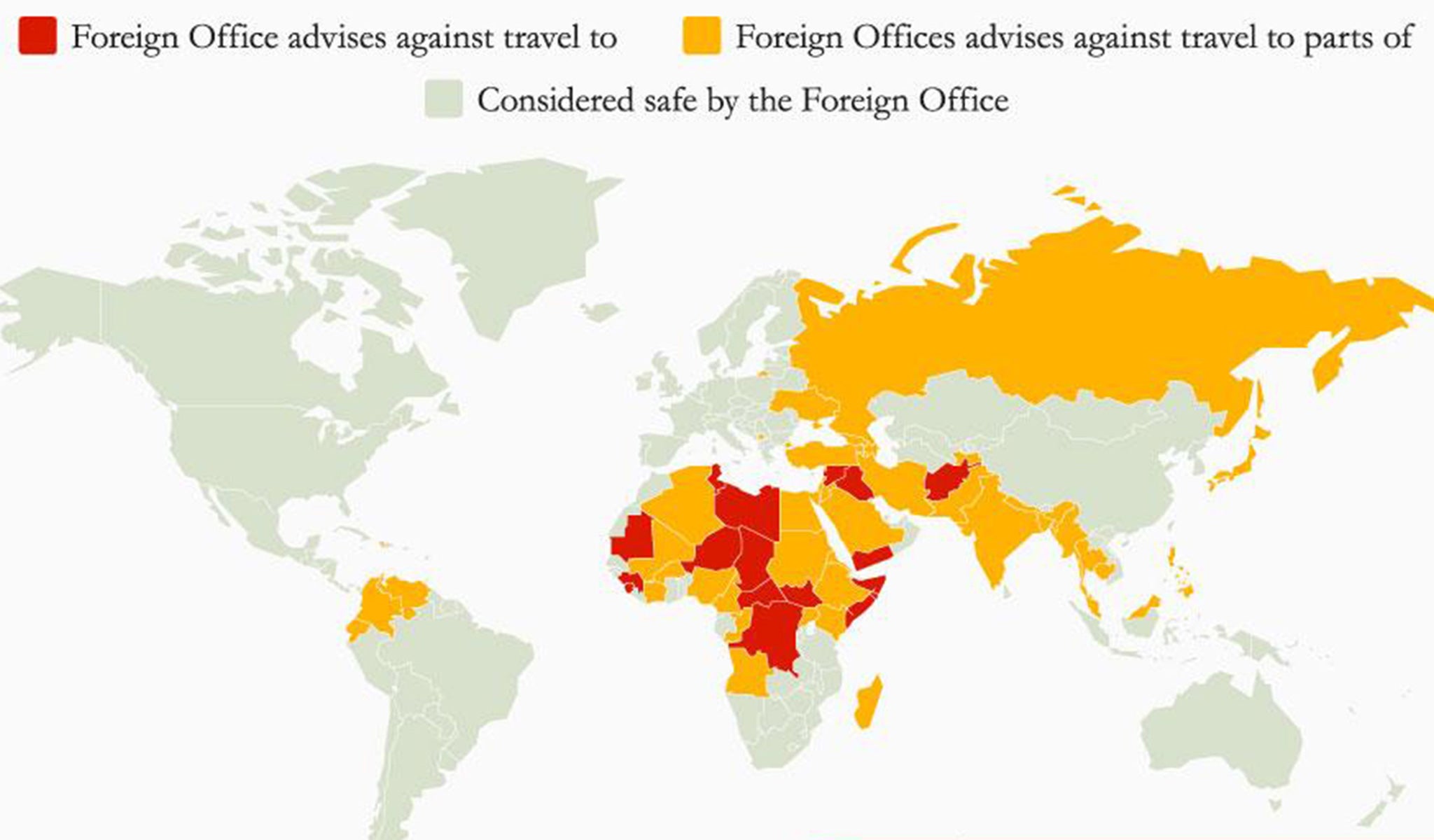 The map shows countries deemed safe, partly safe or unsafe by the UK government