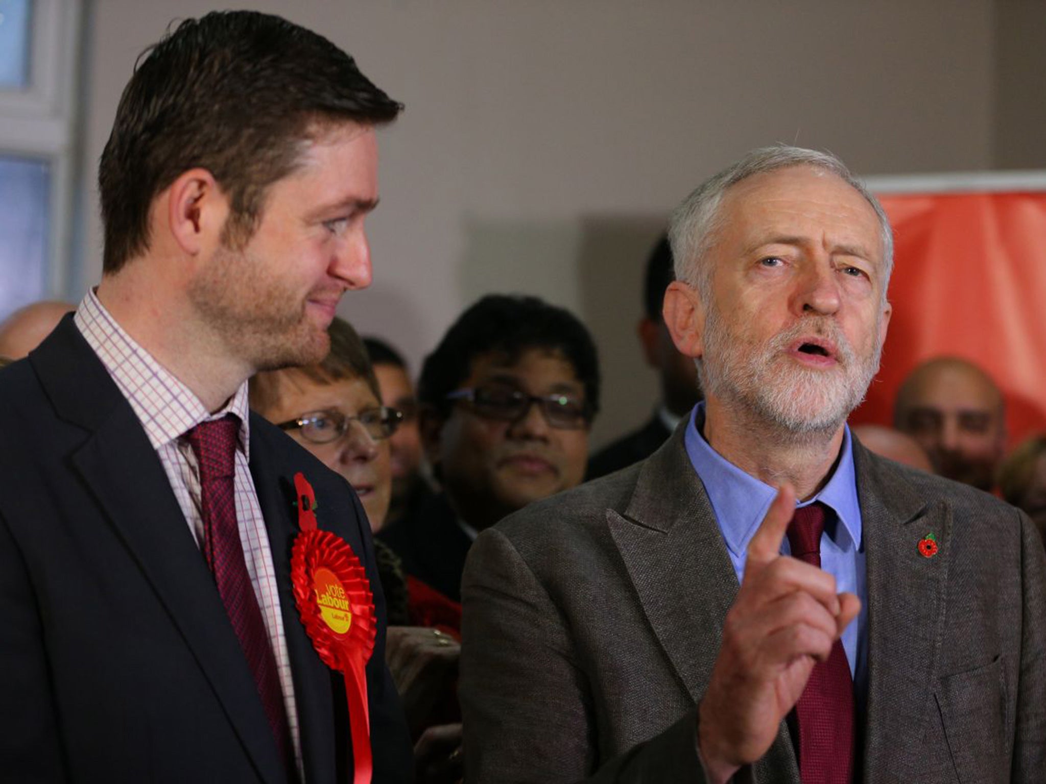 Labour party leader Jeremy Corbyn stands alongside Labour candidate Jim McMahon