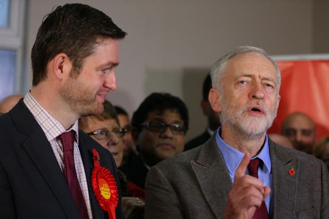 Labour party leader Jeremy Corbyn stands alongside Labour candidate Jim McMahon