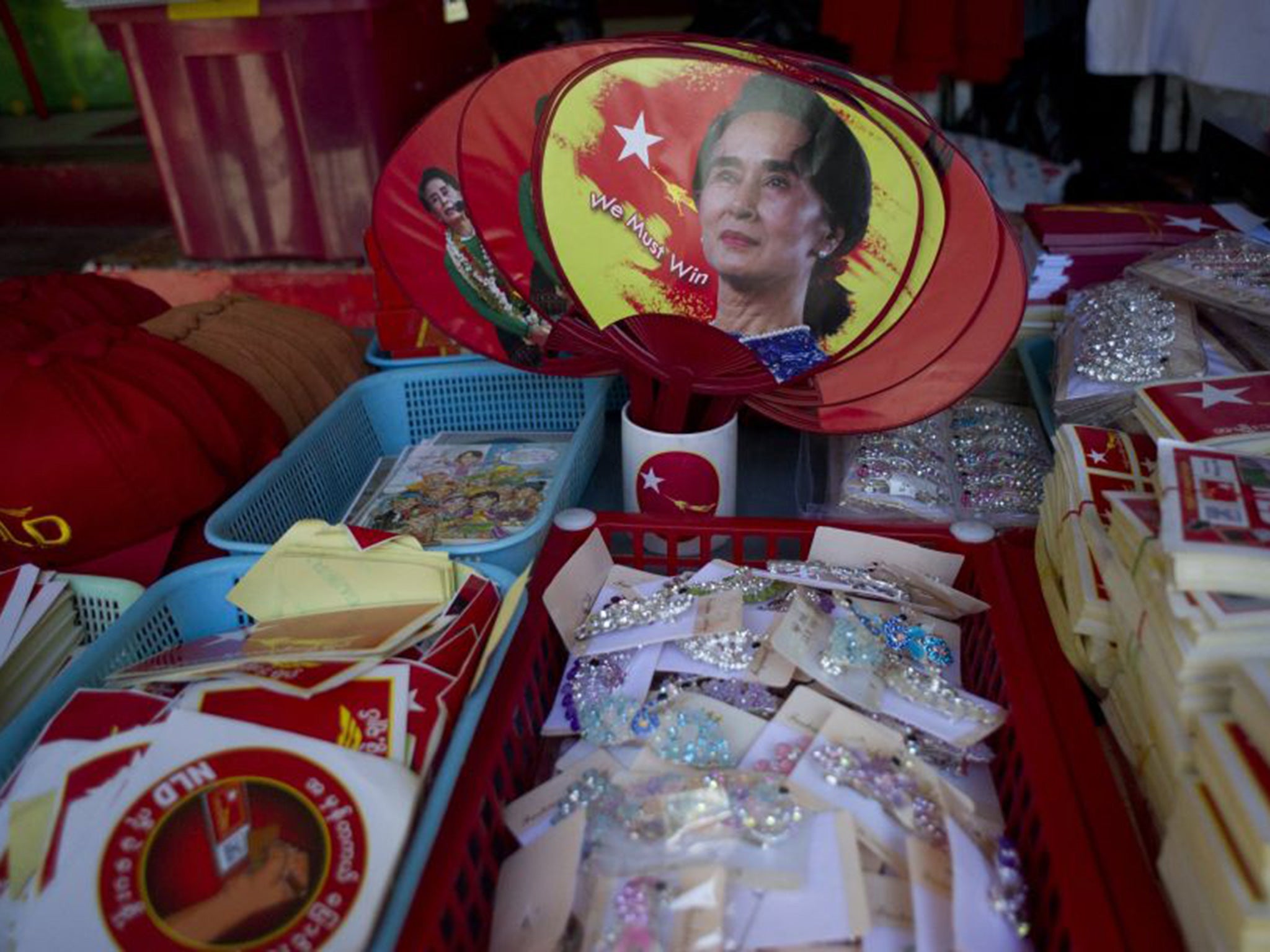 Aung San Suu Kyi merchandise at a souvenir ship in Rangoon