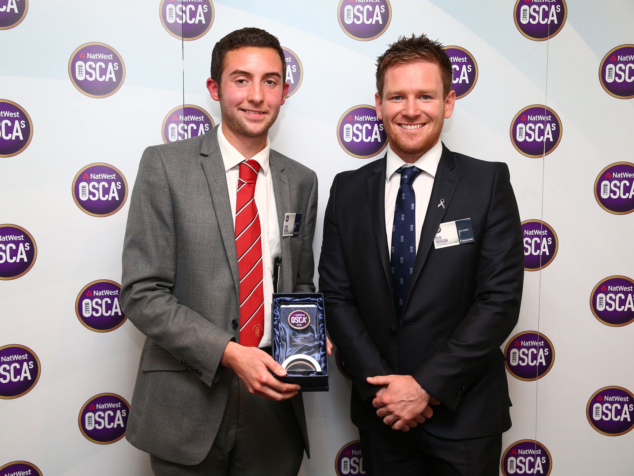 Eoin Morgan and Adam Nichol, winner of the Young Volunteer at the NatWest OSCAs