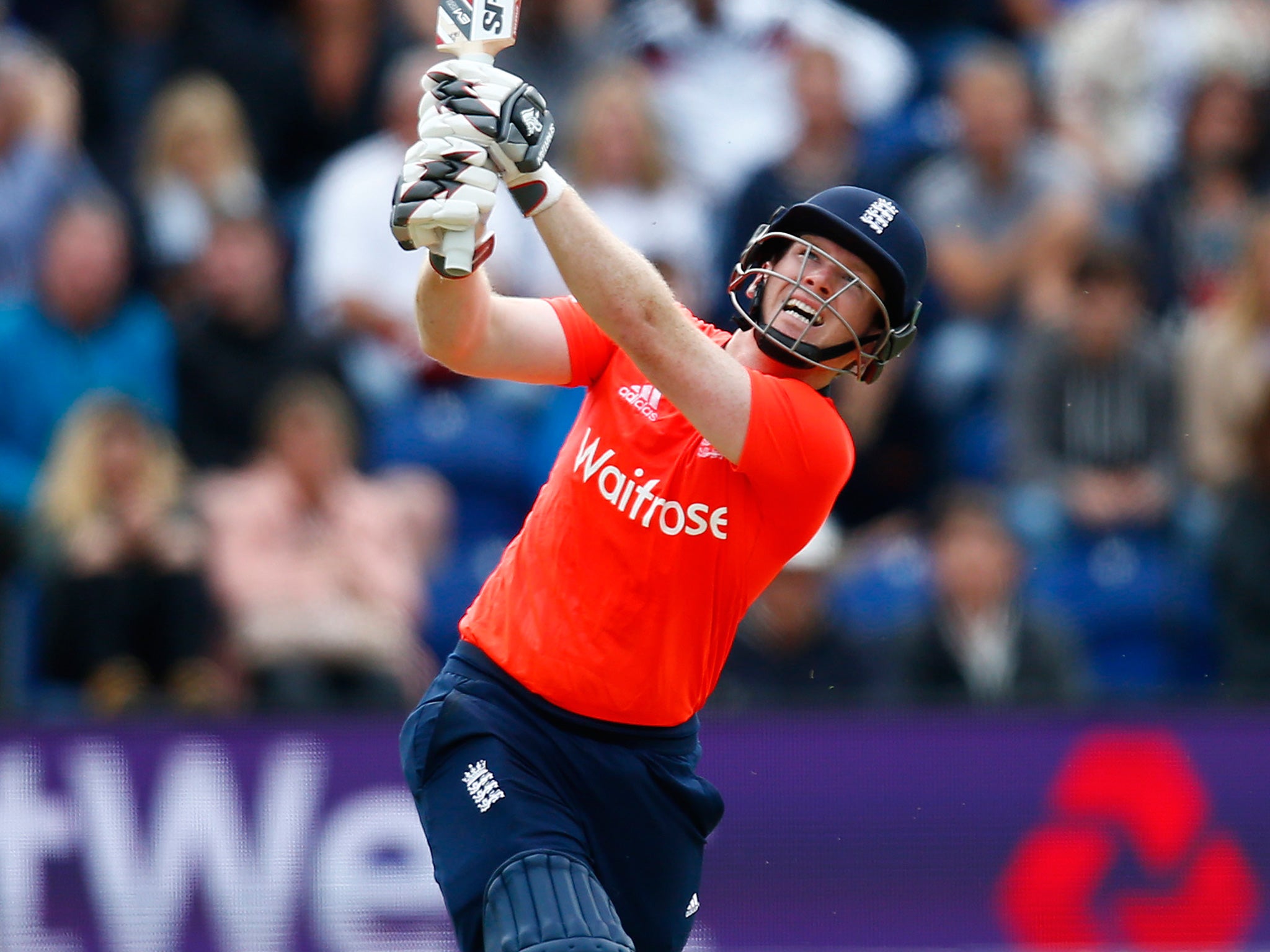 Eoin Morgan hits a six in the T20 series against Australia in the summer