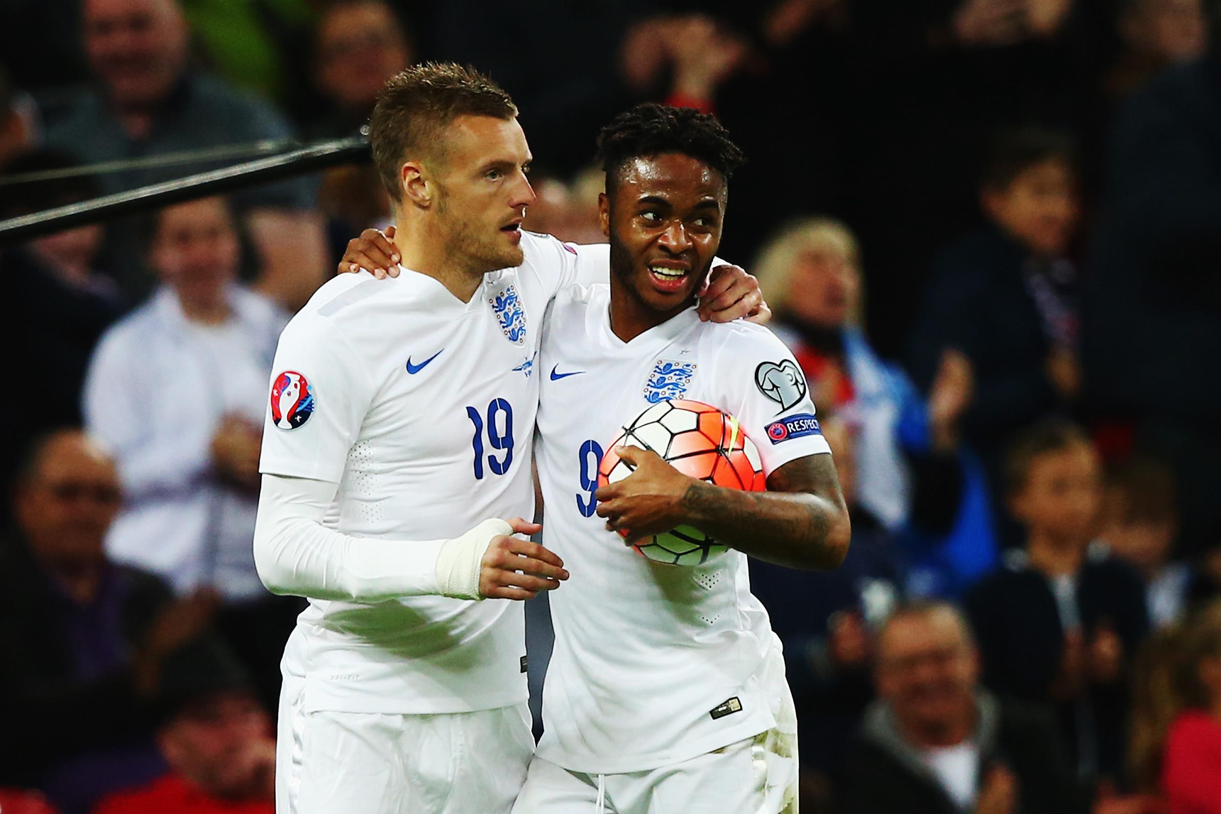 Jamie Vardy and Raheem Sterling in action for England