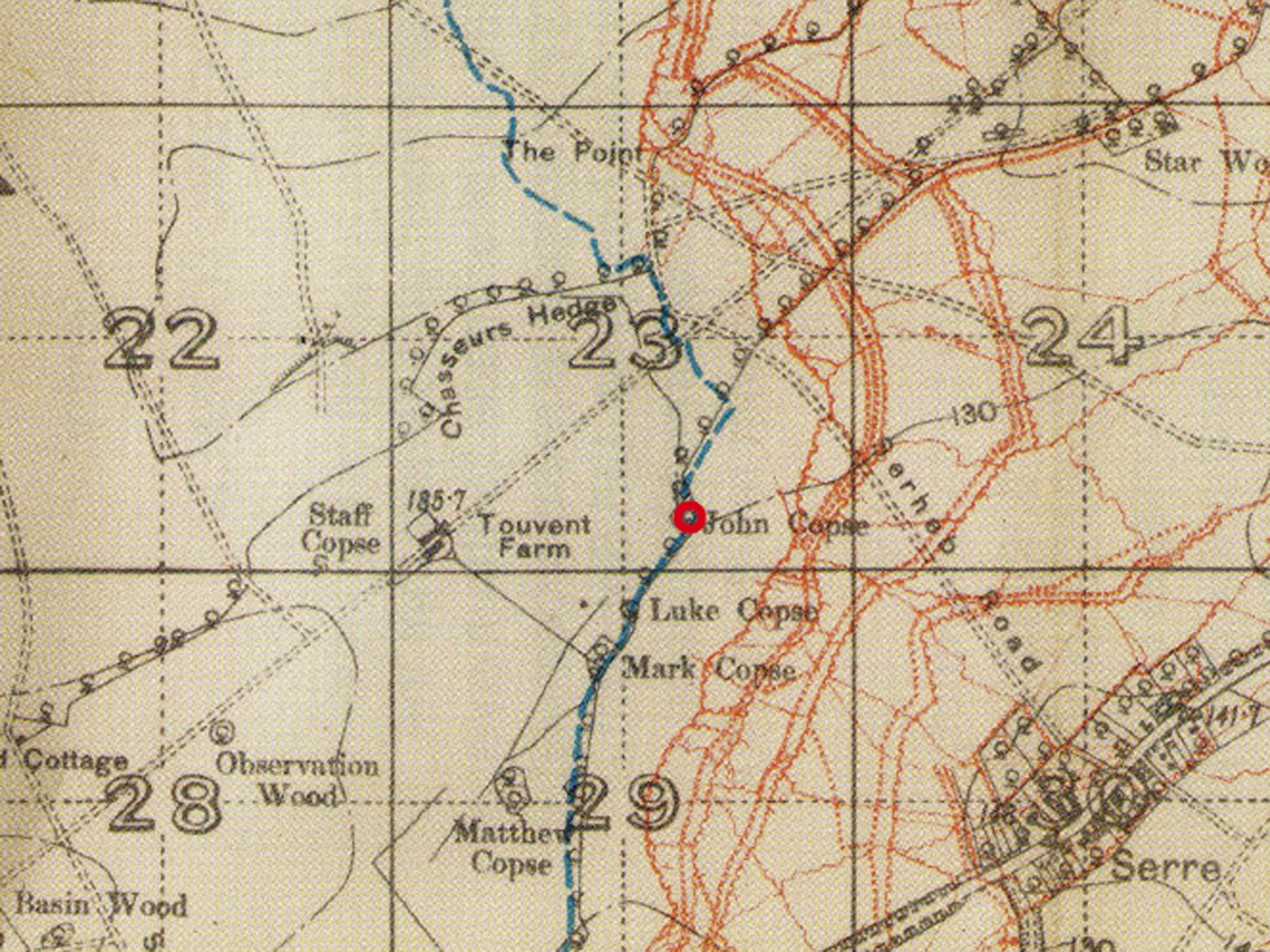 A 1916 trench map shows the front line (British in blue, German in red), including John Copse (circled) where George Howitt was wounded (Imperial War Museum)