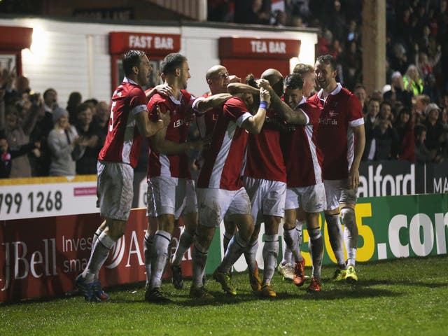 Salford City celebrate a history night in the FA Cup first round
