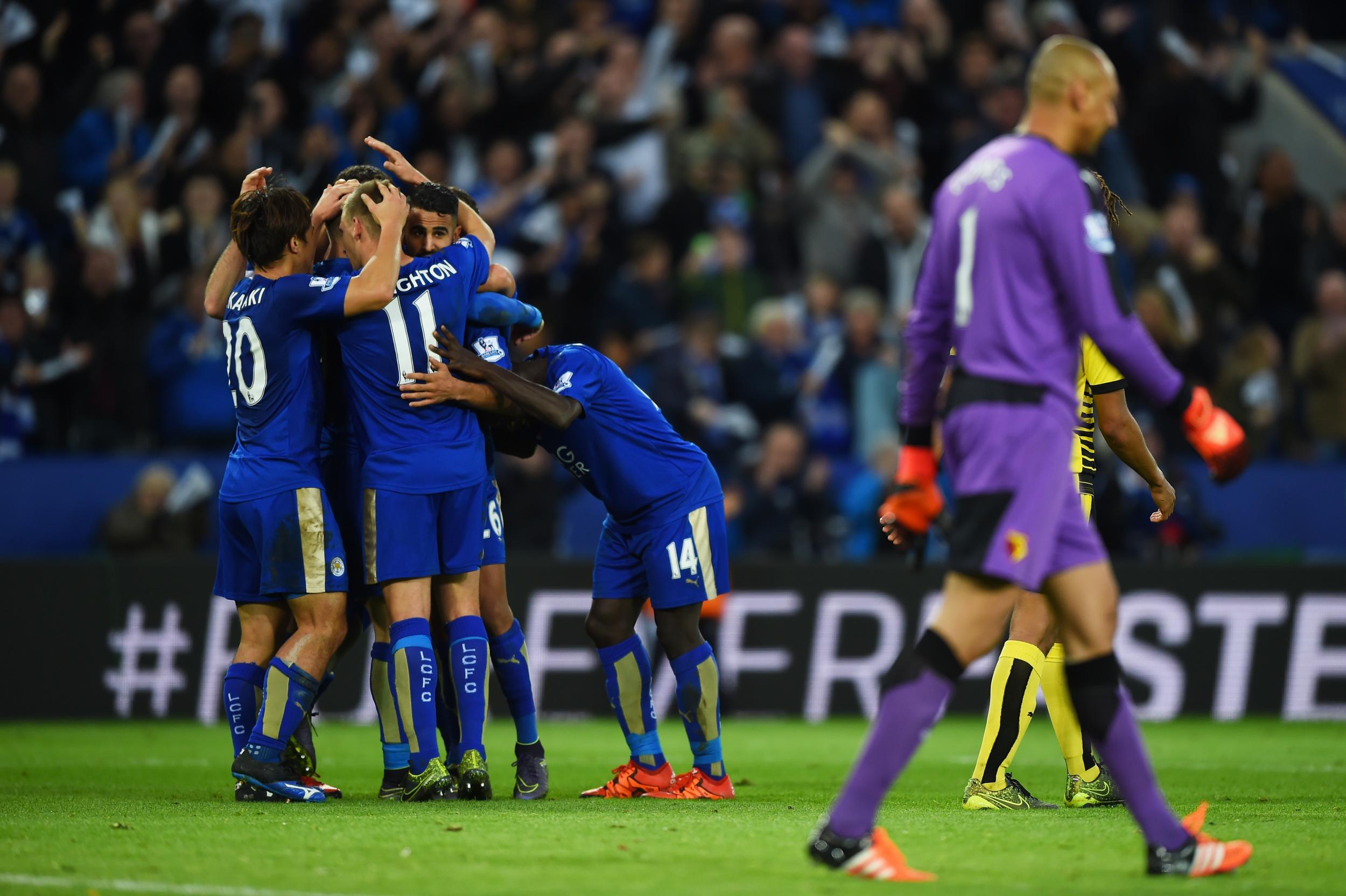 Leicester celebrate during the 2-1 defeat of Watford