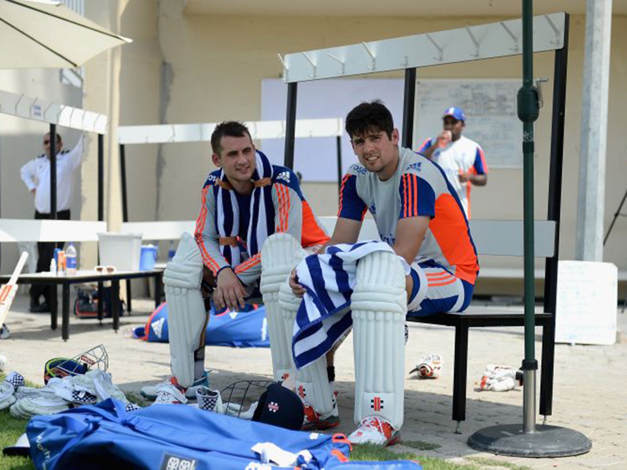 Alex Hales (left) sits with Alastair Cook during a net session in Sharjah