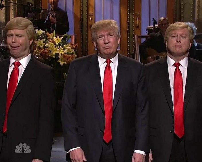 Donald Trump appearing on Saturday Night Live with his lookalikes