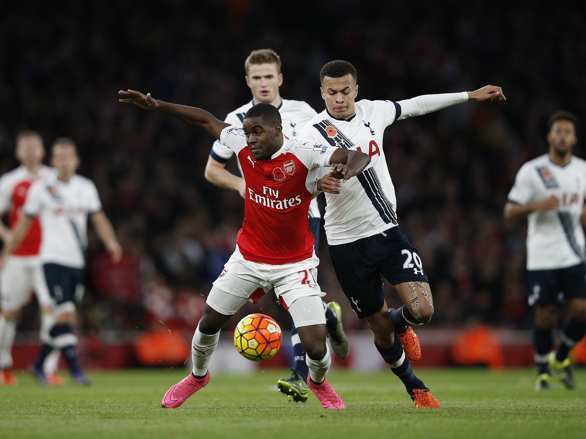 Arsenal's Joel Campbell in action against Tottenham