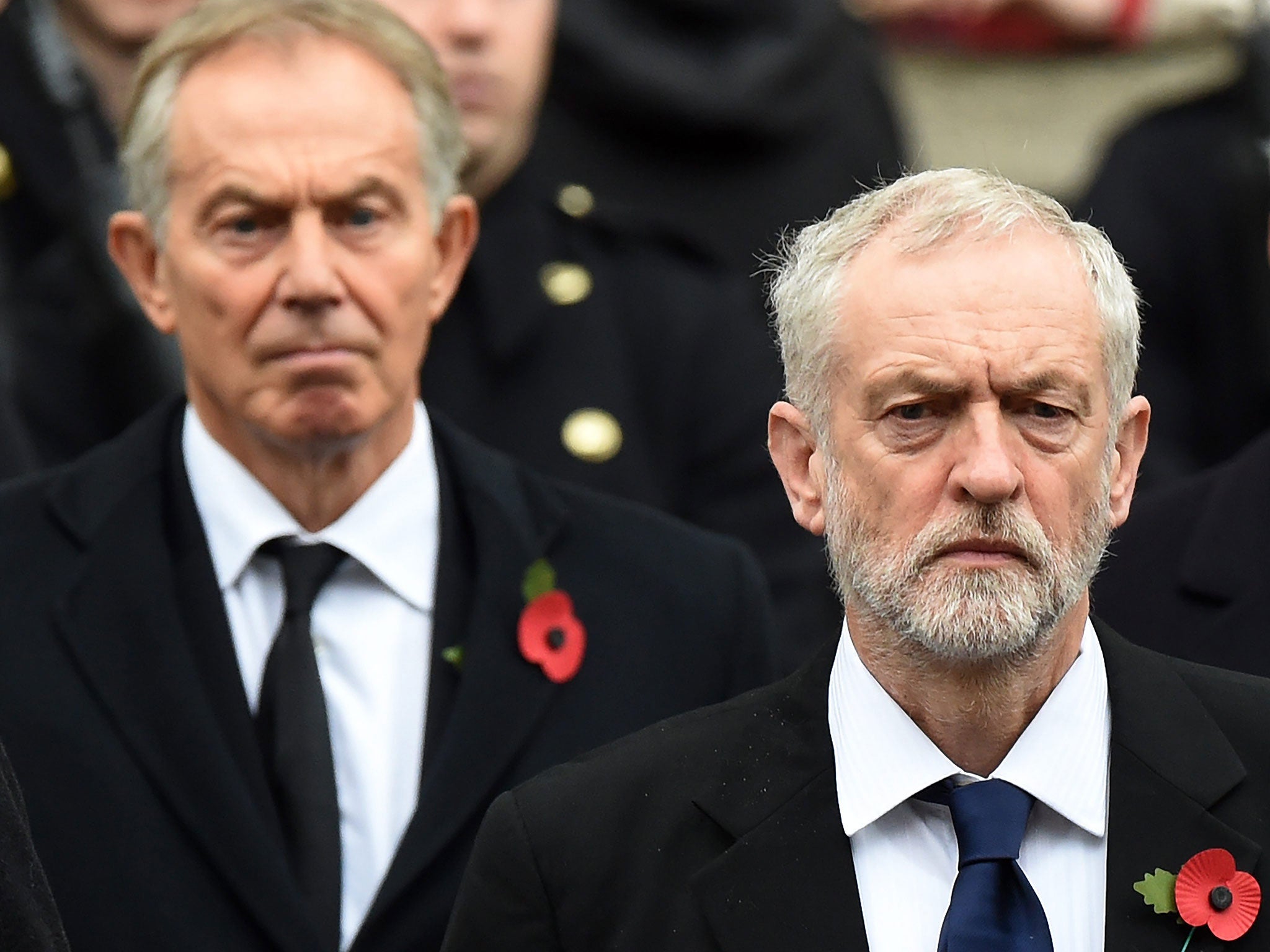 Jeremy Corbyn stands in front of Tony Blair at the Remembrance Sunday service at the Cenotaph