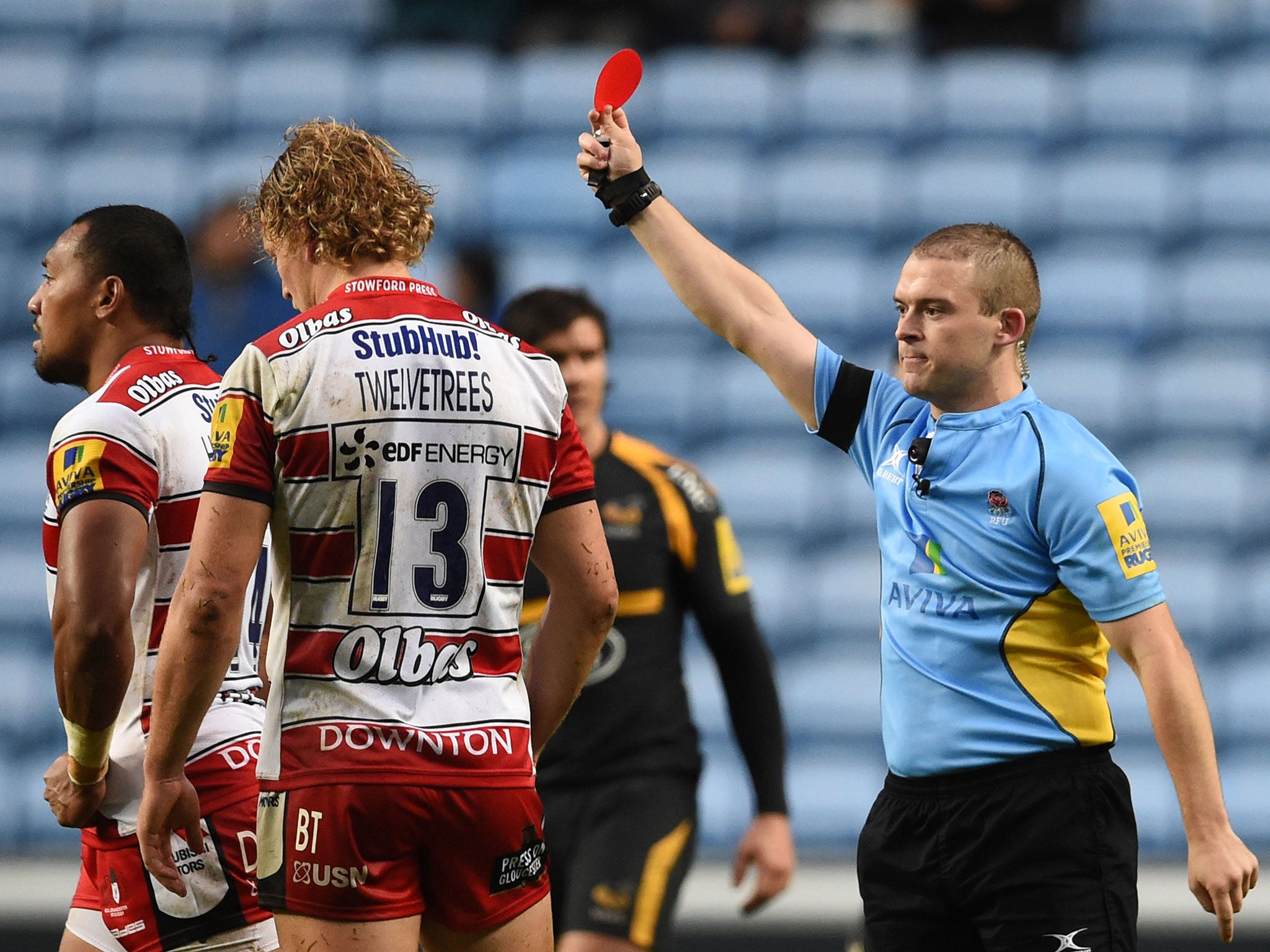 Gloucester wing David Halaifonua, left, is shown a red card for an illegal tackle on Wasps lock Bradley Davies