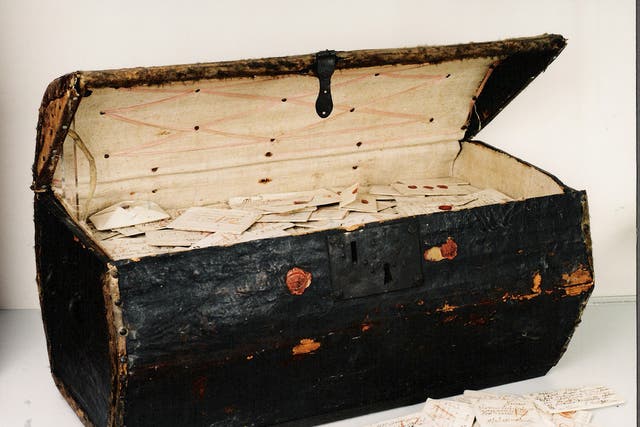 The postmaster's treasure chest, containing 2,600 letters from the 17th Century.