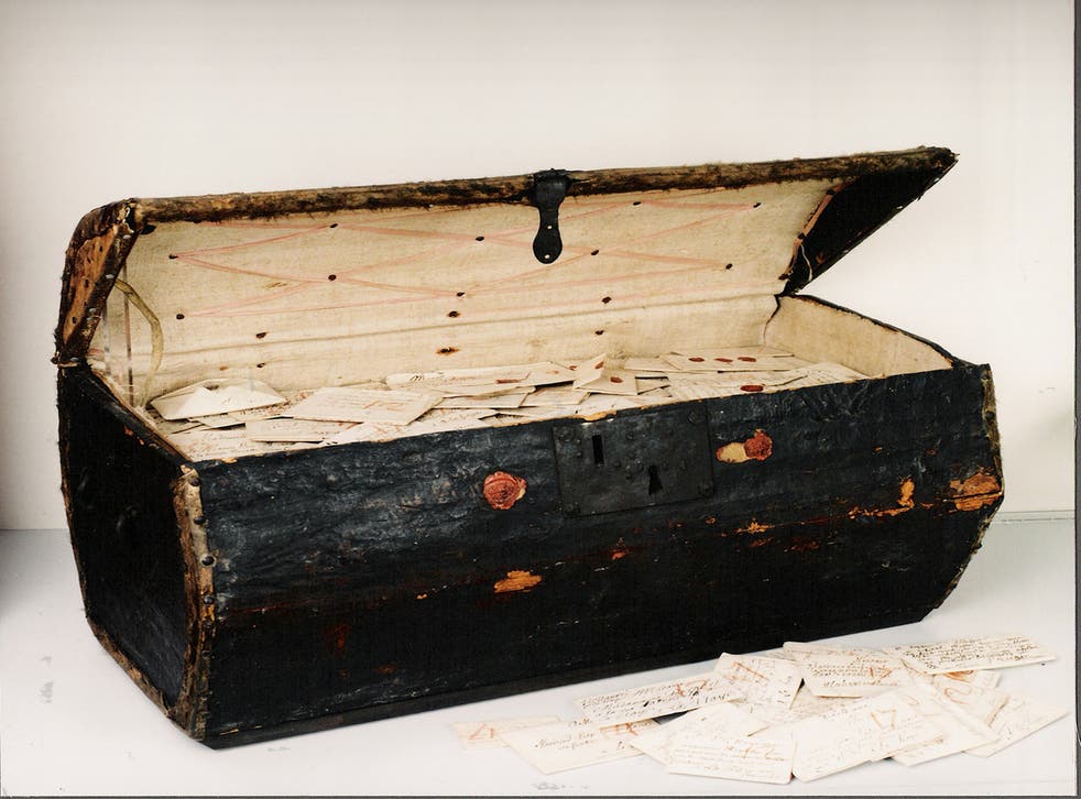 The postmaster's treasure chest, containing 2,600 letters from the 17th Century.