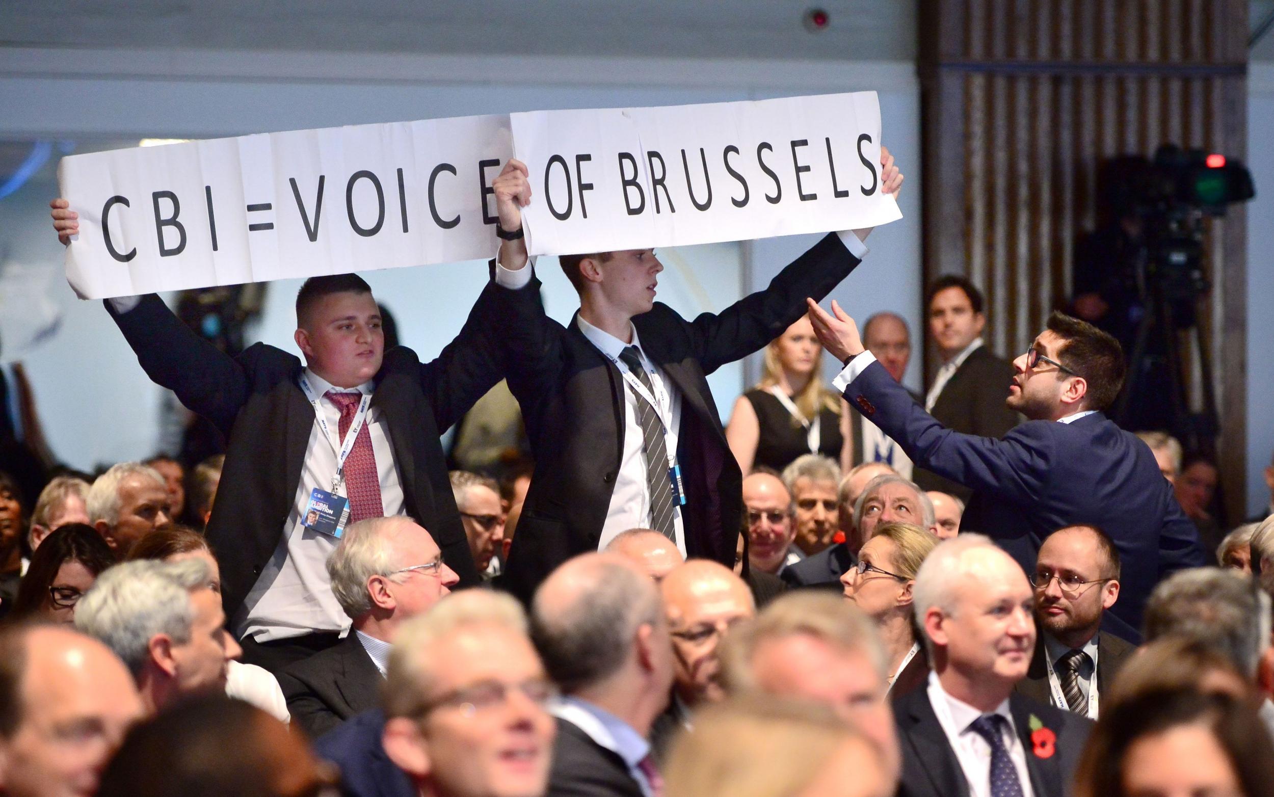 Anti-EU protesters interrupt the PM during his speech to the CBI in central London
