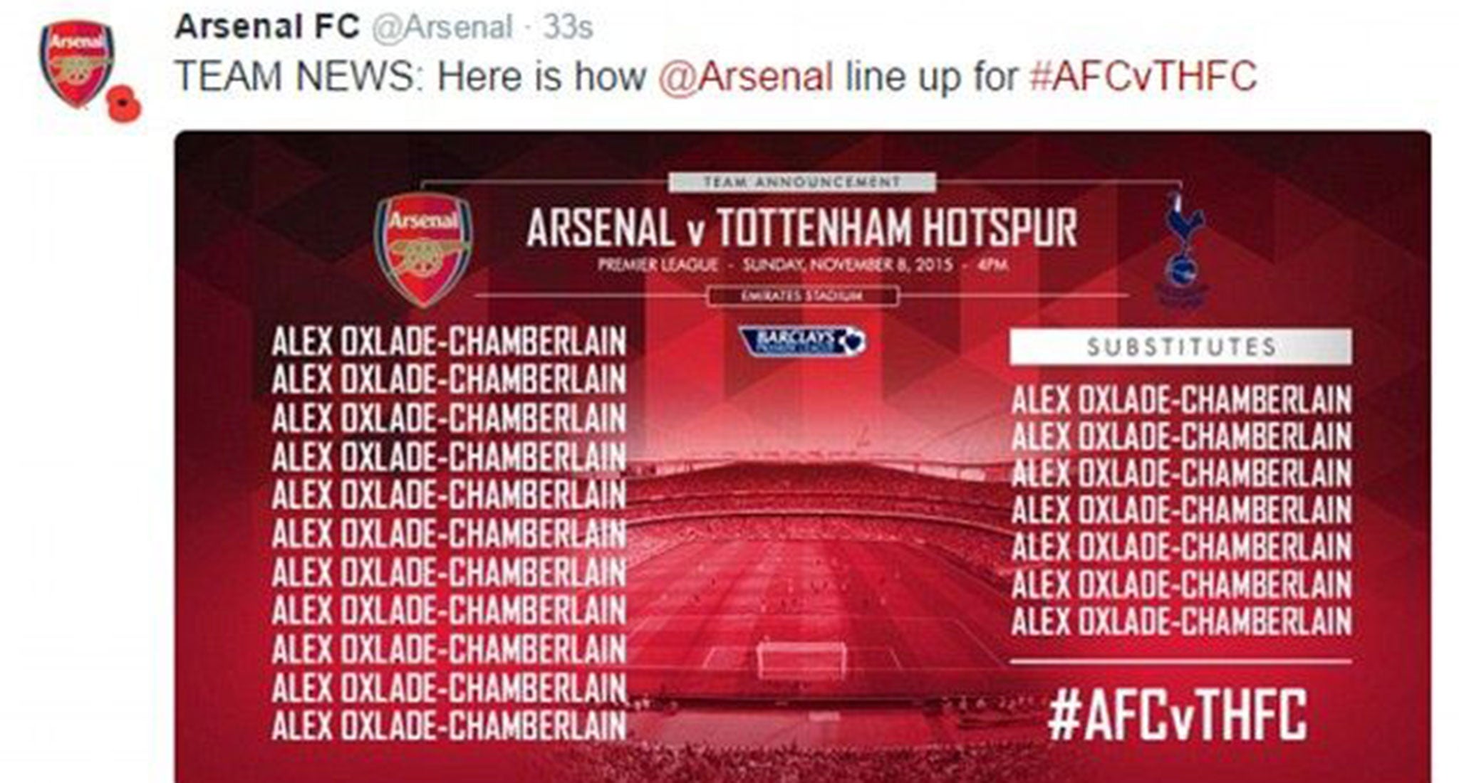 Arsenal's Twitter account sent out the wrong team to face Tottenham