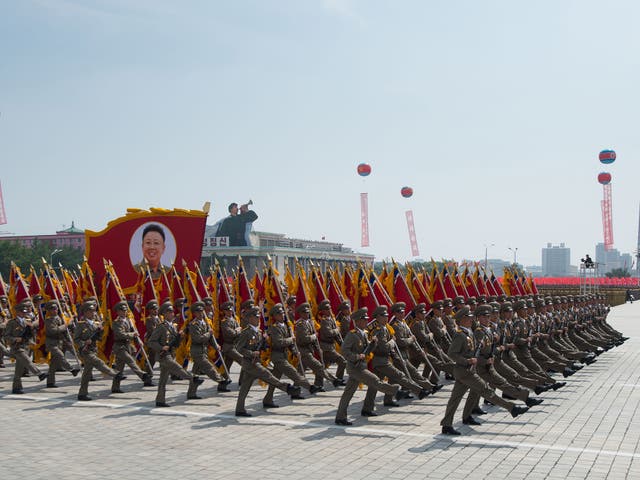 North Korean soldiers march on Kim Il-Sung square during a military parade marking the 60th anniversary of the Korean war armistice in Pyongyang