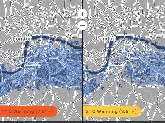 Whole areas of London face being wiped out by rising sea levels, according to the map