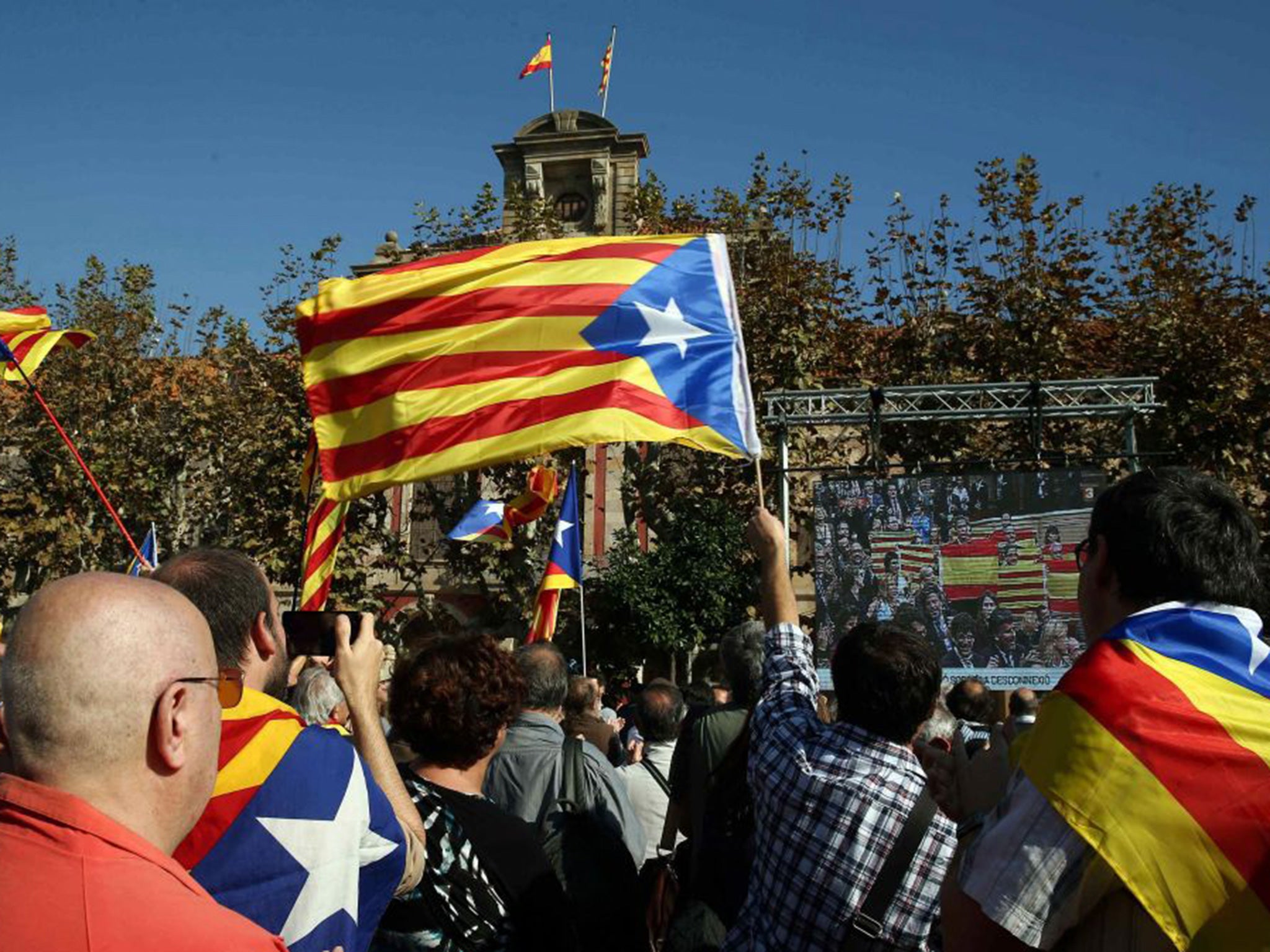 Members of the Catalan National Assembly (ANC) follow the vote of the independence resolution at the regional parliament in Barcelona