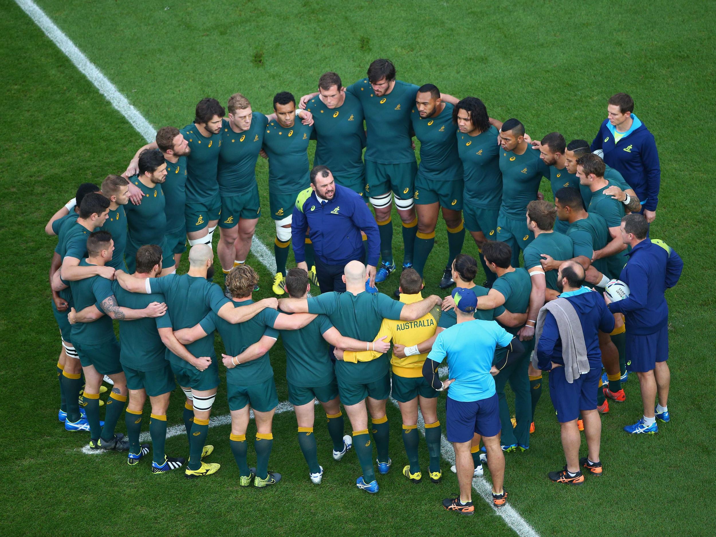 Michael Cheika holds court with the Australia squad during the recent World Cup